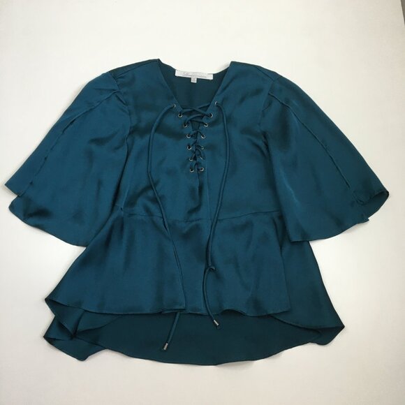 LOVERS & FRIENDS Revolve Emerald Green Satin Cut/Slit Short Sleeve Lace Up Shirt - Picture 1 of 10